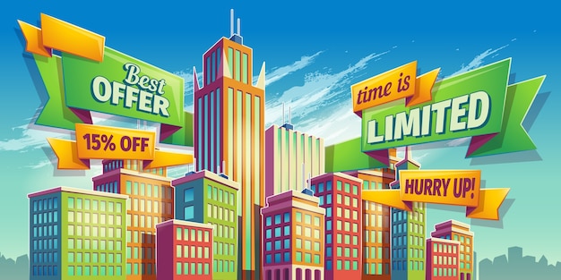 Free vector horizontal cartoon illustration, banner, urban background with city landscape