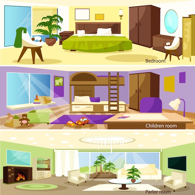 Free vector horizontal cartoon living room interior banners