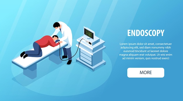 Horizontal and colored scan diagnostic banner with endoscopy headline and more button vector illustration