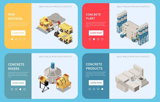 Free vector horizontal concrete cement production isometric banner set landing pages