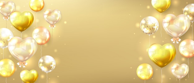 Бесплатное векторное изображение Горизонтальный золотой баннер, украшенный глянцевыми золотыми шарами