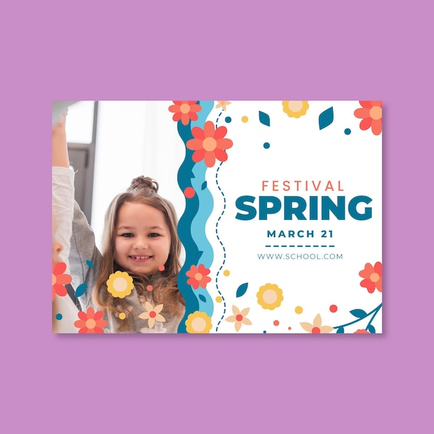 Vettore gratuito modello di biglietto di auguri orizzontale per la primavera con i bambini