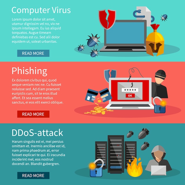 Horizontal  hacker banners set with icons of DDOS attacks 