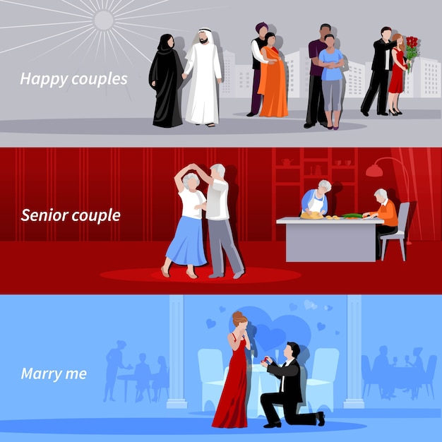 Free vector horizontal happy couples people of different age and nationalities indoor and outdoor flat isolated backgrounds vector illustration