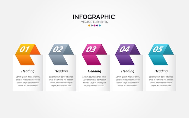 수평 Infographic 비즈니스 마케팅 벡터 디자인 다채로운 템플릿 폴더 5 옵션 또는 최소한의 스타일 단계