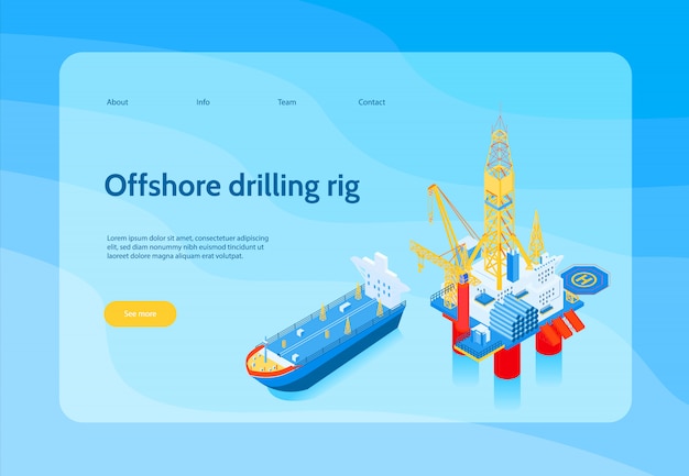 Horizontal isometric oil industry concept banner with offshore drilling rig headline and yellow see more button