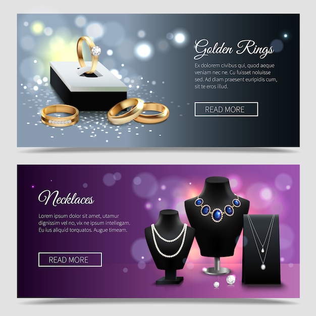 Free vector horizontal jewelry realistic banners with golden rings and elegant necklaces on mannequins