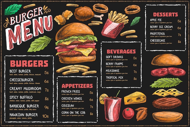 Horizontal menu template with burger and fries