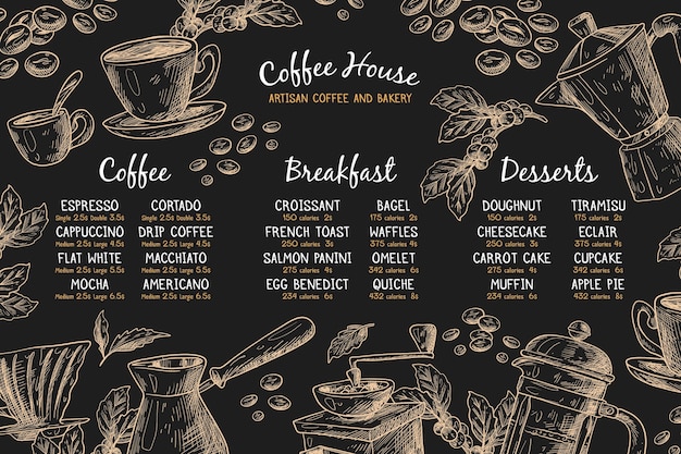 Vettore gratuito modello di menu orizzontale con caffè