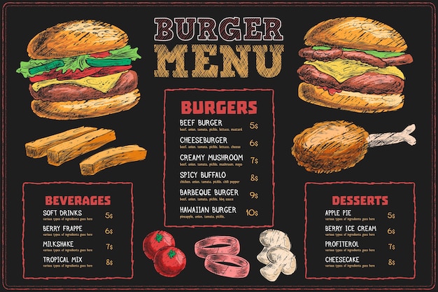 Horizontal menu template with fast food