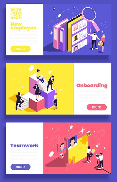 Free vector horizontal new employee orientation business onboarding web banners set isolated on color background 3d isometric vector illustration