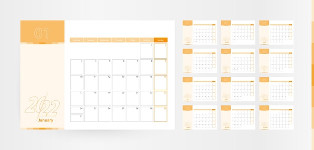 オレンジ色​の​配色​の​2022​年​の​水平​プランナー​。​週​は​月曜日​に​始まります​。​ミニマリストスタイル​の​壁掛け​カレンダー​。