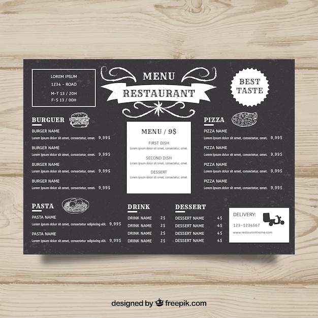 Free vector horizontal restaurant menu template in blackboard style