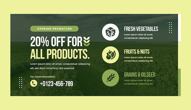 Vettore gratuito modello di banner di vendita orizzontale per l'agricoltura e l'allevamento di alimenti biologici