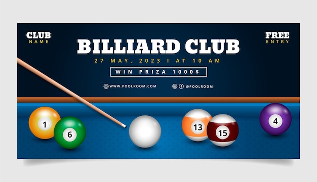 Vettore gratuito modello di banner di vendita orizzontale per club di biliardo e gioco di biliardo