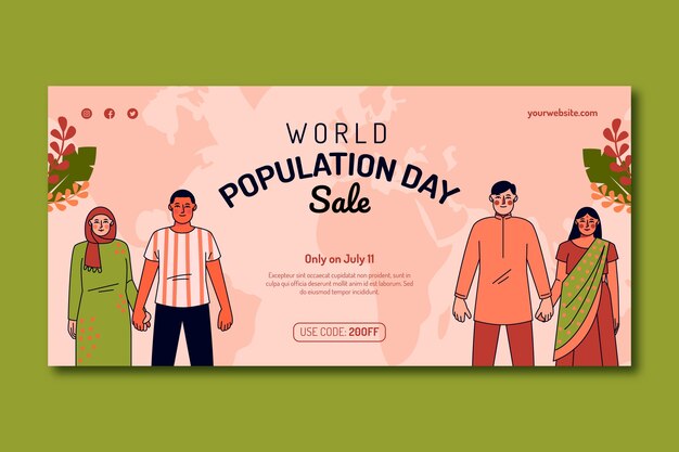 무료 벡터 세계 인구의 날 인식을 위한 수평 판매 배너 템플릿