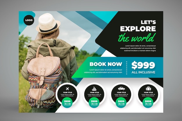 Free vector horizontal travel banner template with photo