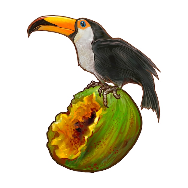 Hornbill bird on a coconut illustration