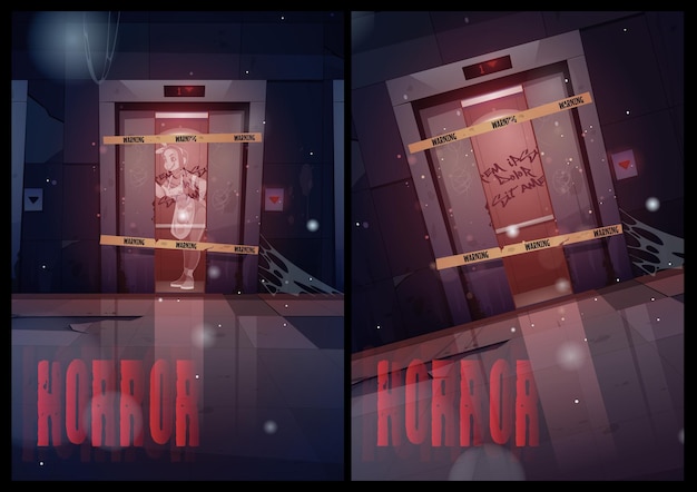 Horror banner with ghost stand in broken elevator