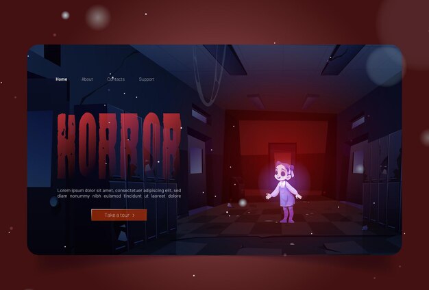 Horror banner with girl ghost in old dirty school
