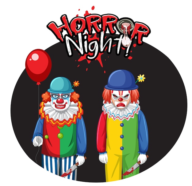Значок horror night с двумя жуткими клоунами