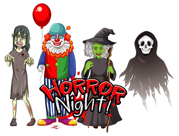 Дизайн текста ужасов ночи с призрачными персонажами Хэллоуина
