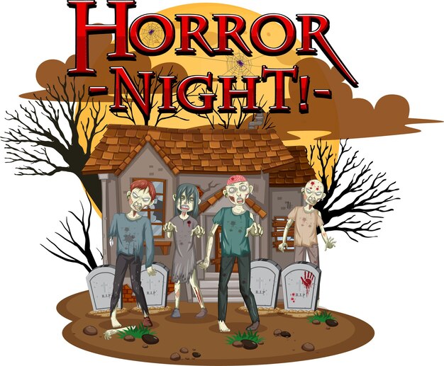 Free vector horror night text design with haunted house