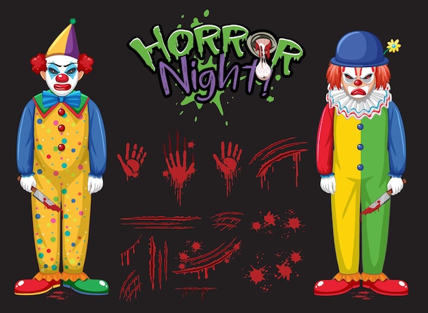 Horror night text logo with creepy clowns