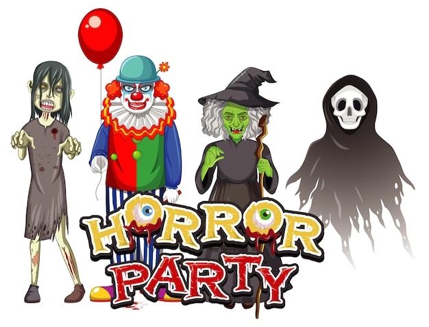 Horror party text design with halloween ghost characters Free Vector