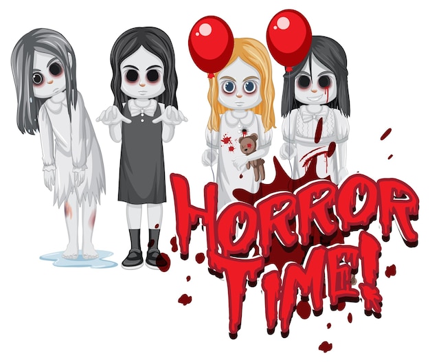 Vettore gratuito disegno del testo horror time con ragazze fantasma raccapriccianti