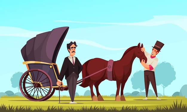 Фон мультфильма о конном транспортном средстве с заводчиком, представляющим лошадь, запряженную в пассажирский багги, для векторной иллюстрации покупателя