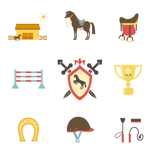 Vettore gratuito icone di cavalli ed equestri in stile piano