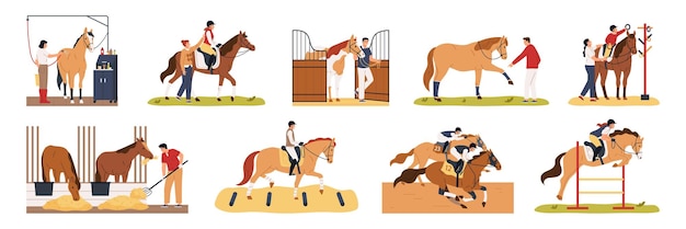 Free vector horse and people flat set of animals equestrians stable workers isolated vector illustration