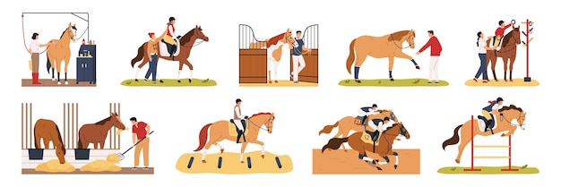 Horse and people flat set of animals equestrians stable workers isolated vector illustration