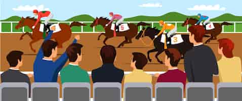 Free vector horse racing competition illustration professional jockeys riders on thoroughbred racehorses backs
