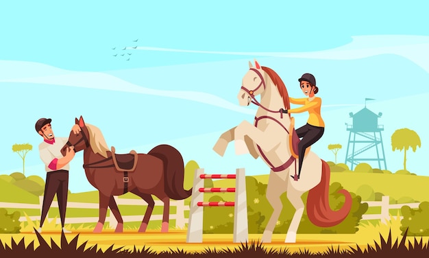 Free vector horse riding background with sport and jockey symbols flat illustration