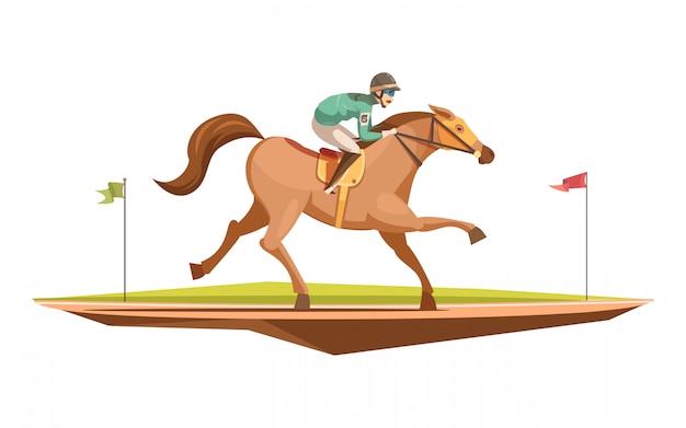 ギャロッピング馬フラットベクトルイラストに騎手と漫画スタイルの乗馬レトロなデザインコンセプト