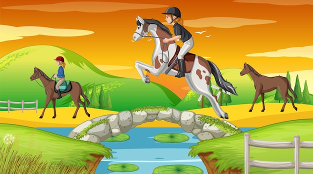 Free vector horse riding scene with jockey and horse