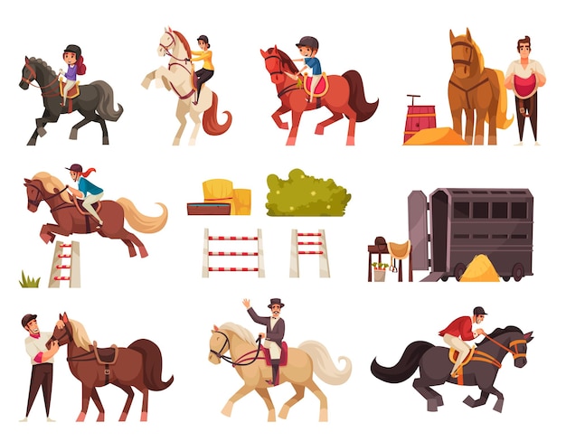 Horse riding set with sport and entertainment symbols flat isolated vector illustration