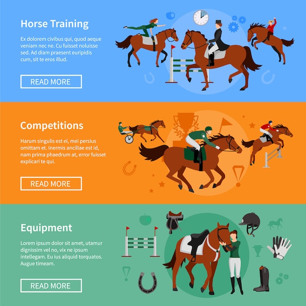 Free vector horse riding sport banners with elements of ammunition and riders employed in horse training