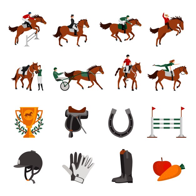 Horse rising sport flat color icons with rider on horseback jockey in carriage horseshoe fence prize