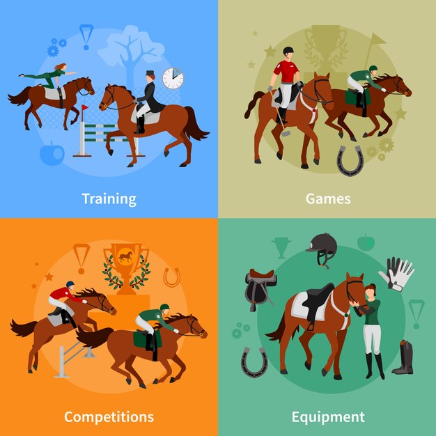 Horse rising sport flat concept set of jockey equipment training games competitions design compositions vector illustration