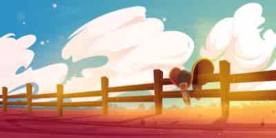 Free vector horse saddle hanging on wooden ranch fence scene