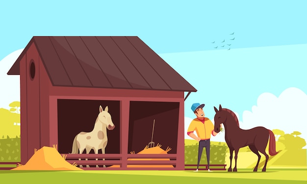 Horse stable and human feeding the stallion