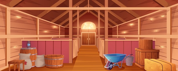 Интерьер конюшни или сарай для животных, фермерский дом, вид изнутри, пустое деревянное ранчо с стойлами для сена ...