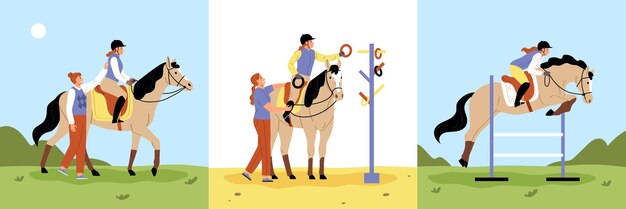 Free vector horses and people three square compositions with equestrians trainers and racing animals vector illustration