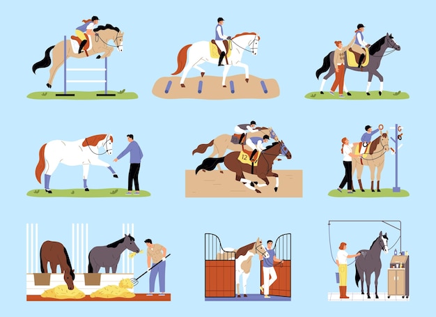 Horses and professional jockeys participating in competition on hippodrome flat color set isolated vector illustration