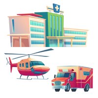 Бесплатное векторное изображение Здание больницы, машина скорой помощи и вертолет