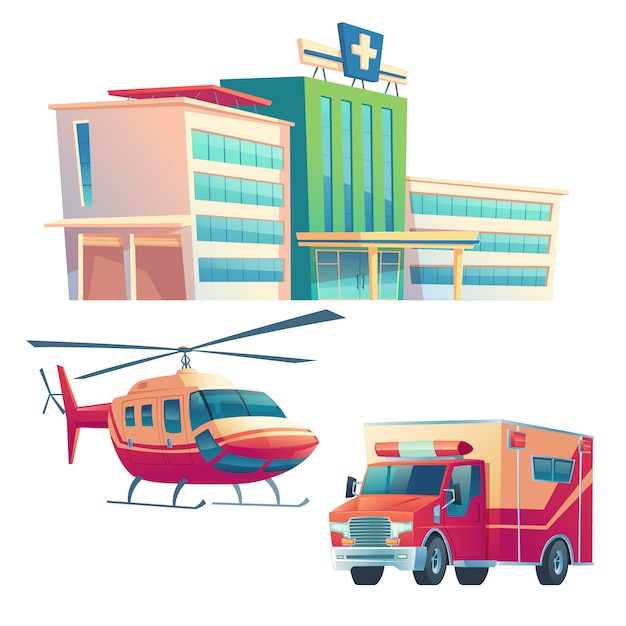 Free vector hospital building, ambulance car and helicopter