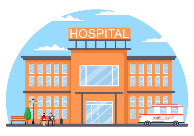 救急車、医師、患者、看護師、医療クリニックの外観を持つヘルスケア漫画の背景ベクトルイラストのための病院の建物 Premiumベクター